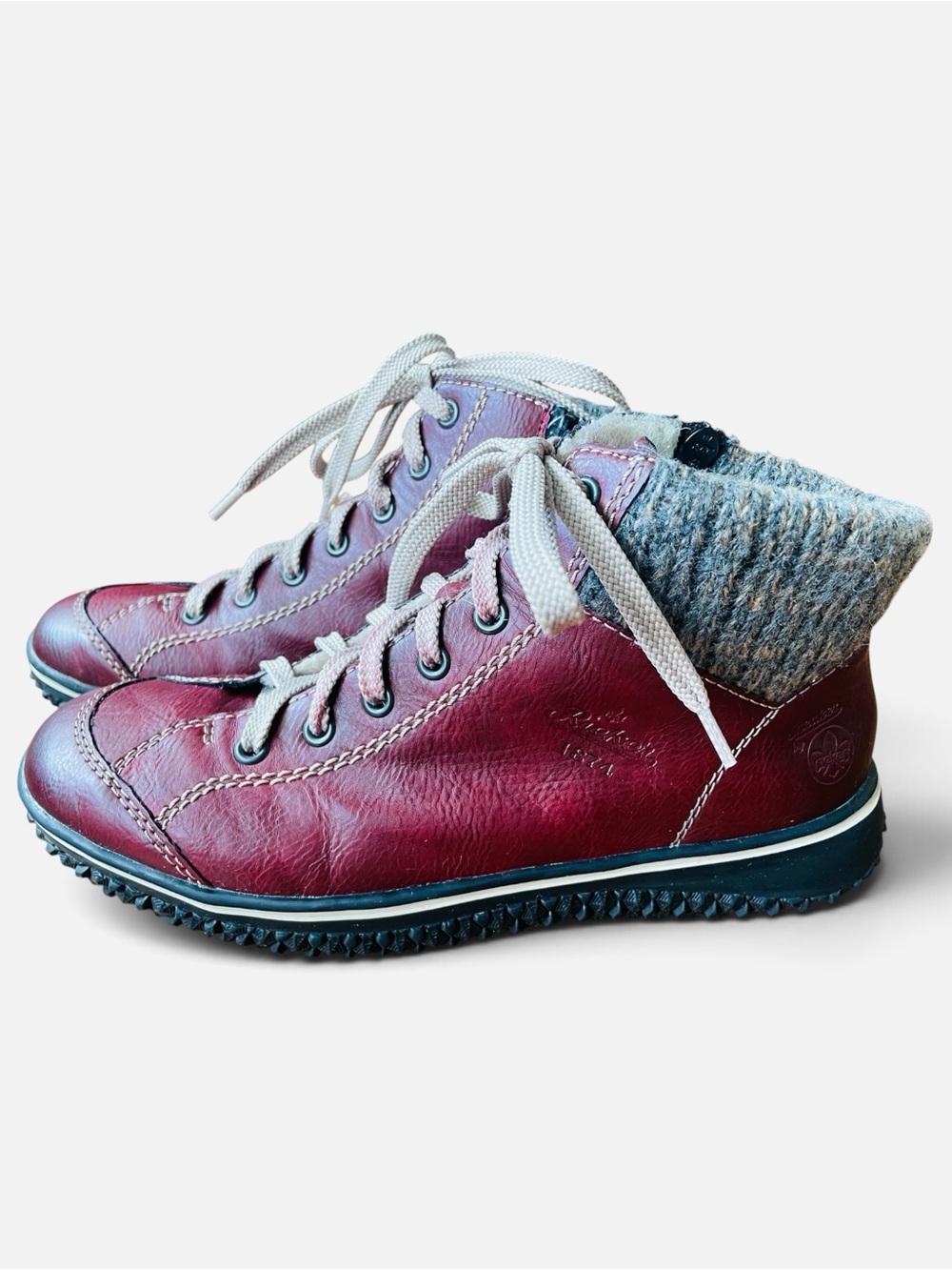 Rieker Burgundy Leather Lace-Up Boots with Knit Collar